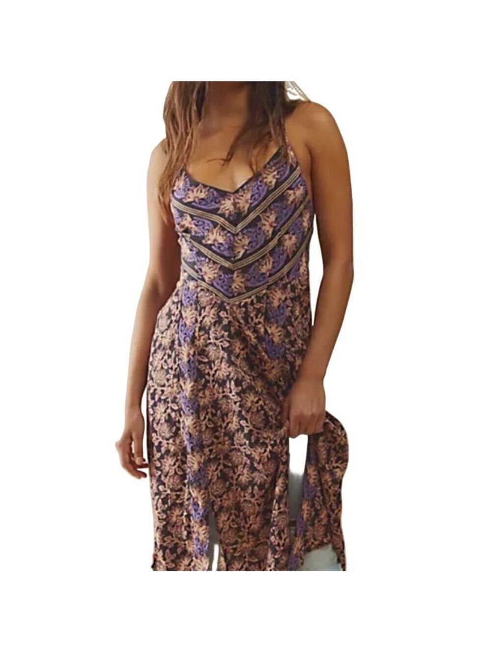 Free People XS Floral Maxi Top Criss Cross Layering Black purple floral print